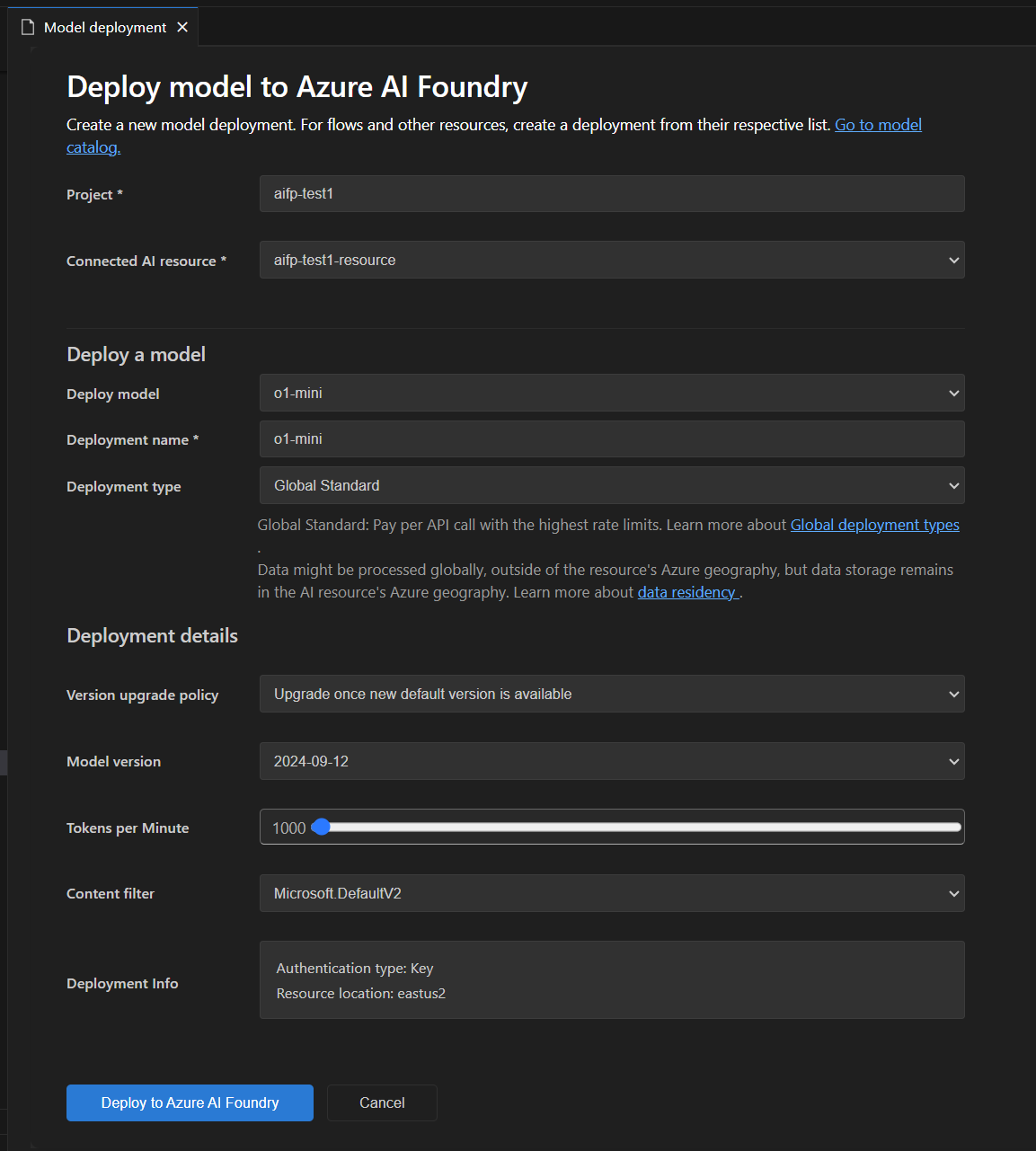 Screenshot of the AI Toolkit interface showing the model deployment tab with fields for model name, description, and additional settings.