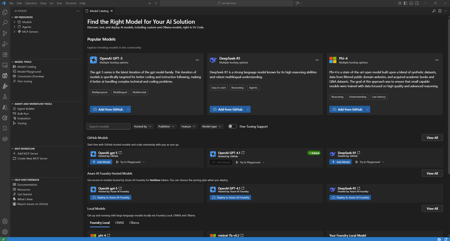 AI Toolkit model catalog displaying various generative AI models