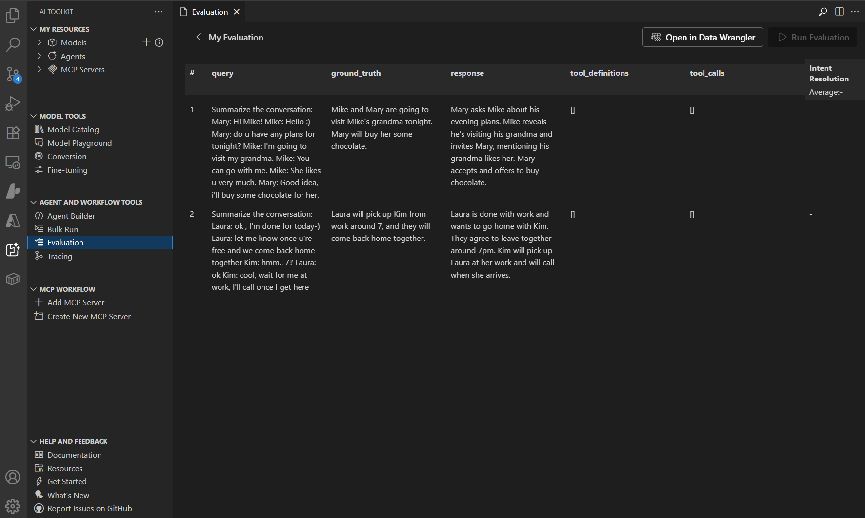 Screenshot showing the Model Evaluation interface with metrics and performance analysis tools