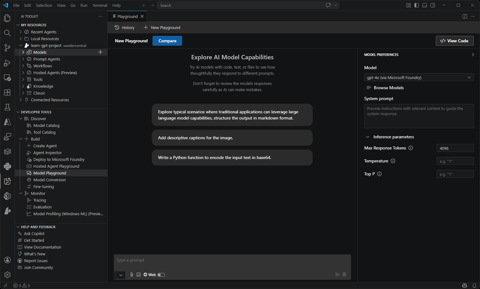 Screenshot showing the Foundry Toolkit Playground interface with chat messaging and model parameter controls