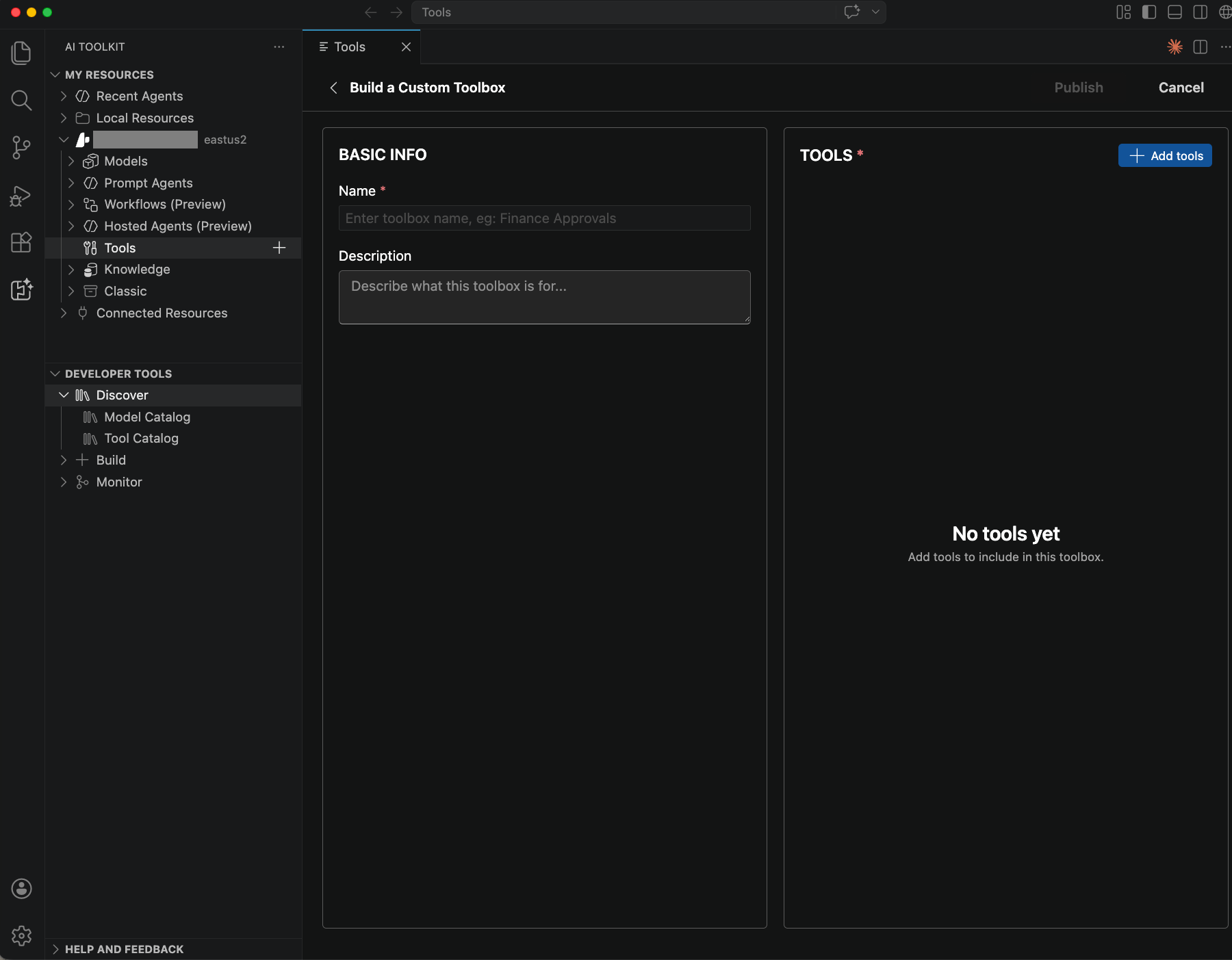 Screenshot showing the Build a Custom Toolbox page in Foundry Toolkit with fields for the toolbox name, description, and selected tools.