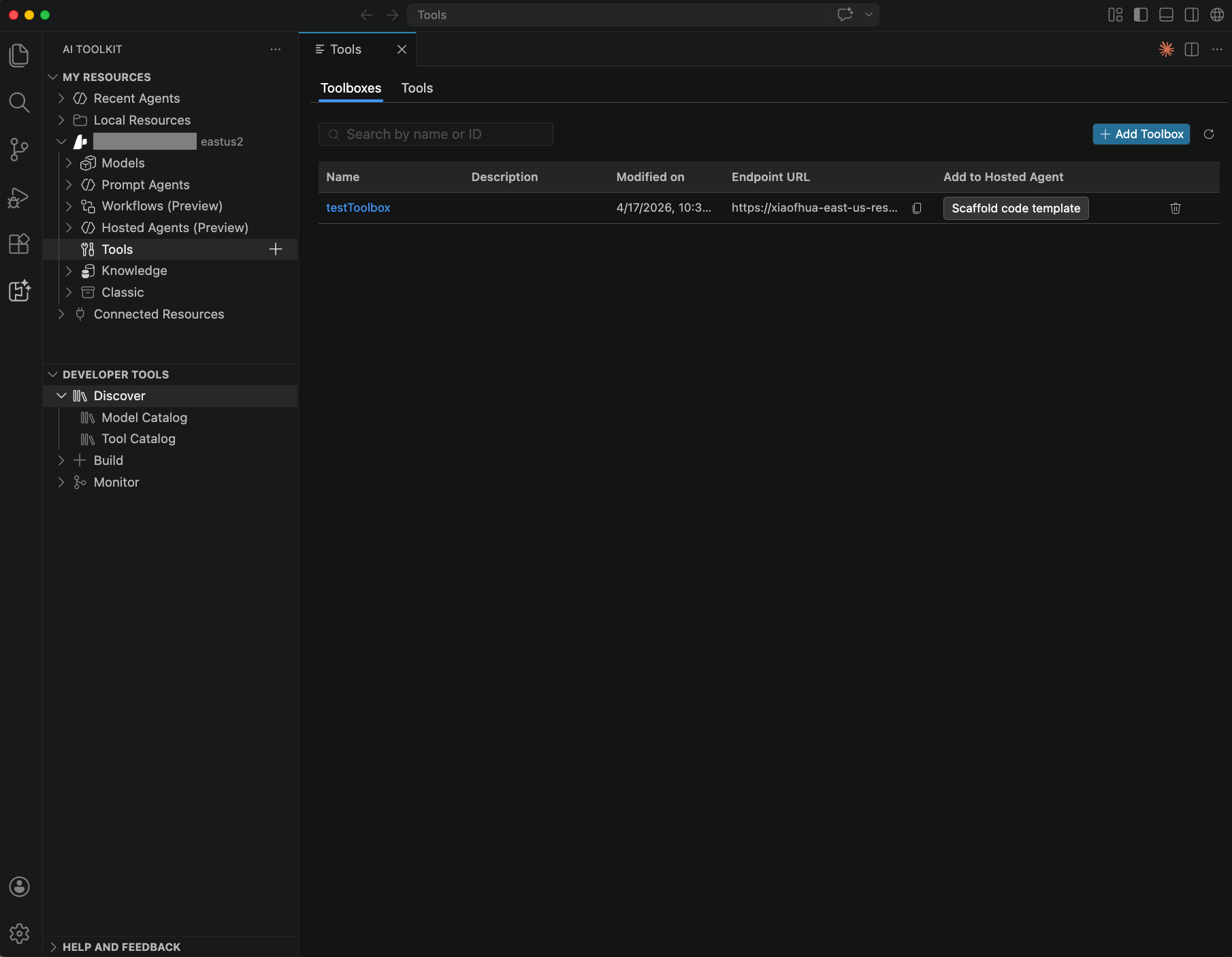 Screenshot showing the Toolboxes tab in Foundry Toolkit with a toolbox entry, endpoint URL, and Scaffold code template action.