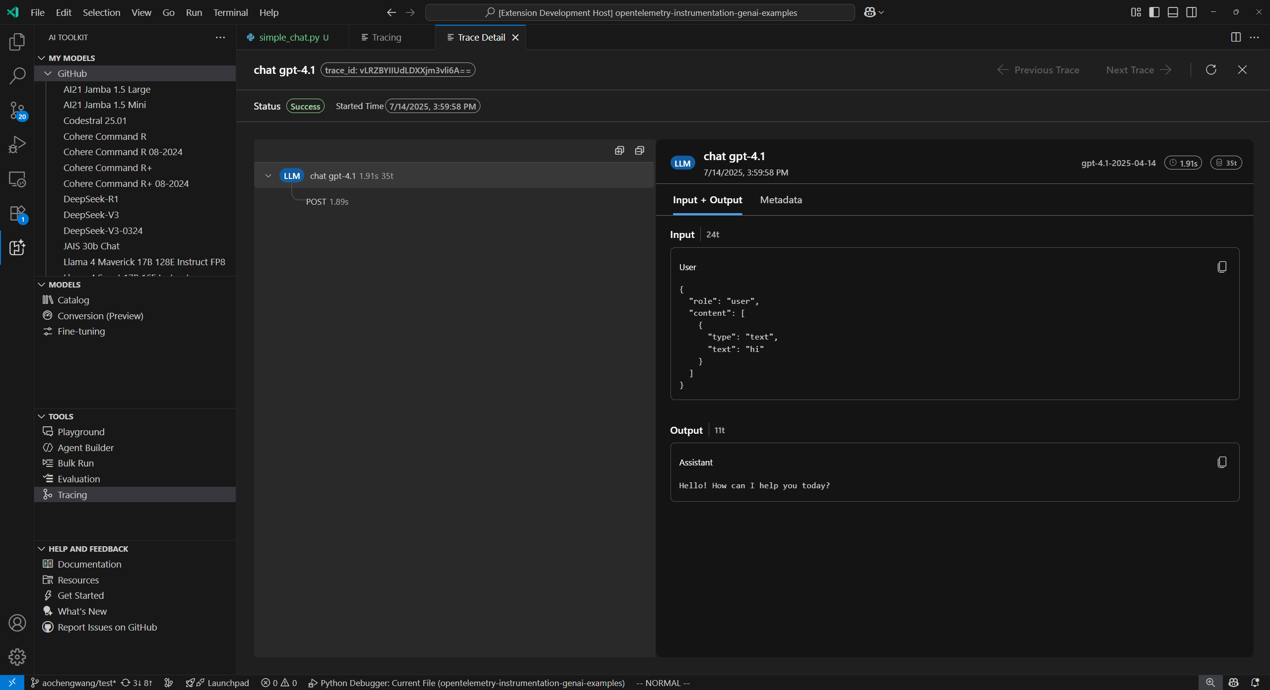 Screenshot showing the Trace Details view in the Tracing webview.