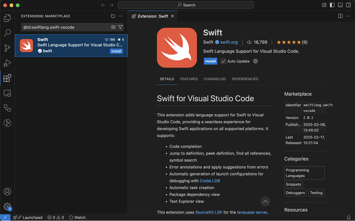 Installing the swift-vscode extension from the extensions pane