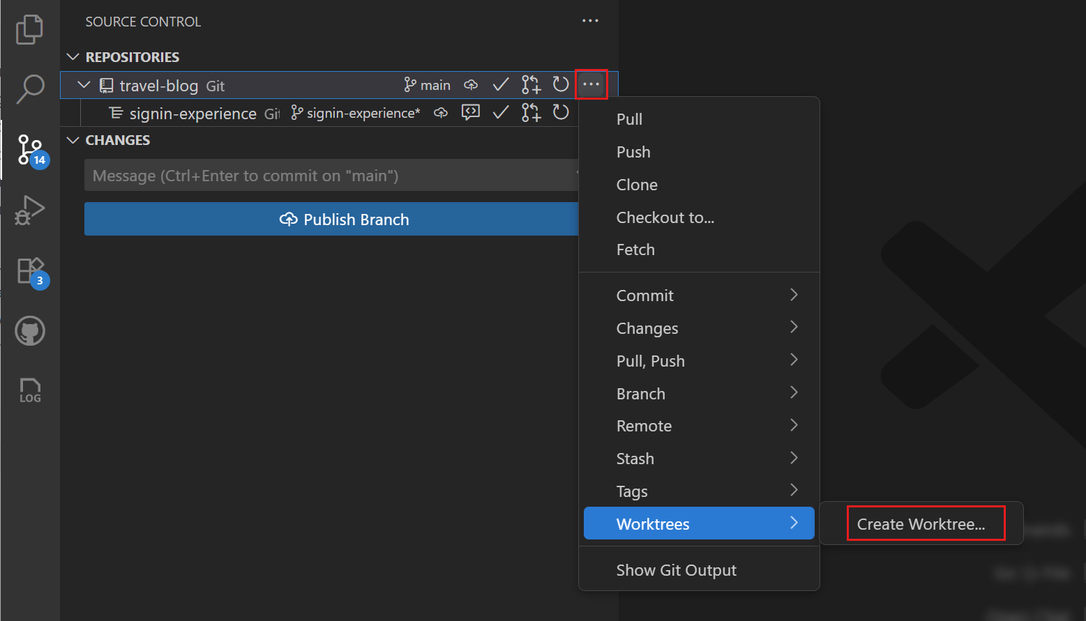 Screenshot that shows the Create Worktree option in the context menu of a repository in the Source Control Repositories view.