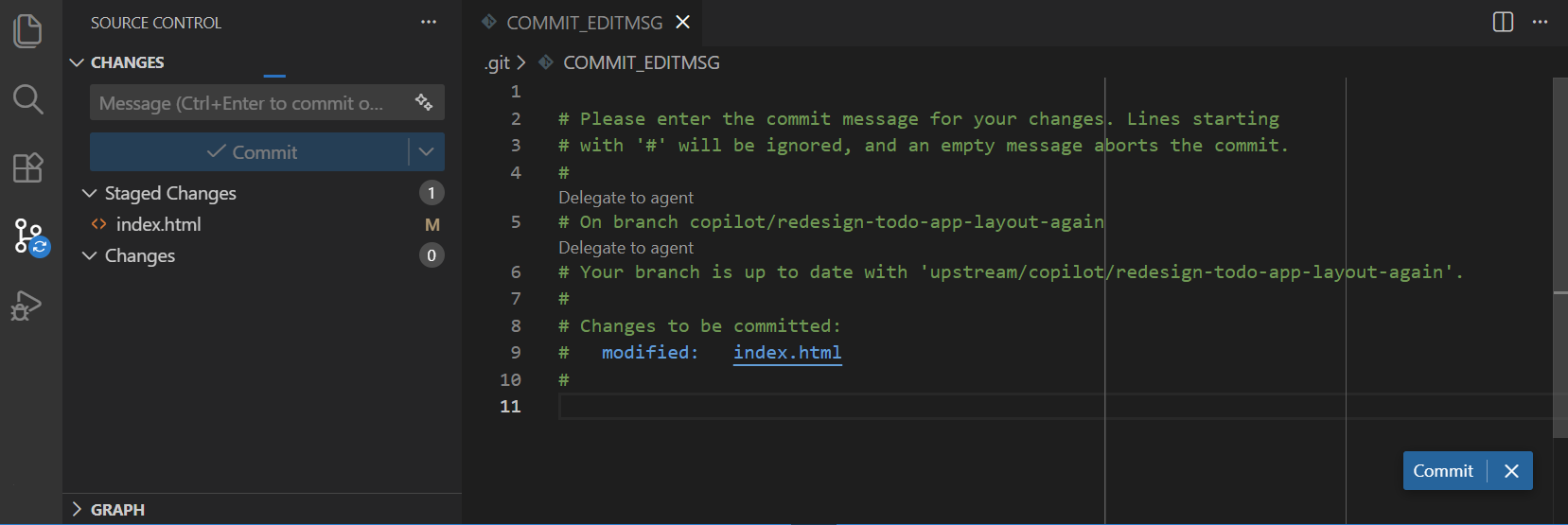 Screenshot of the COMMIT_EDITMSG editor for writing commit messages.