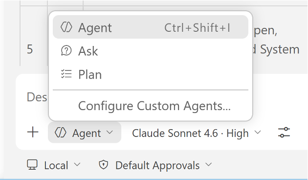 Agent mode picker in VS Code chat showing the Ask, Plan, and Agent options.
