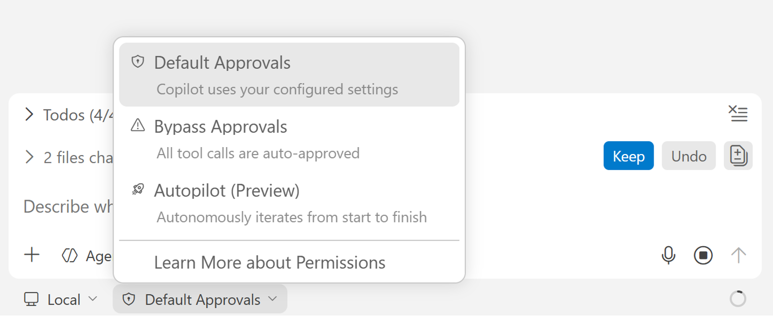 Screenshot showing the approval picker in VS Code chat with Default approvals, Bypass approvals, and Autopilot options.