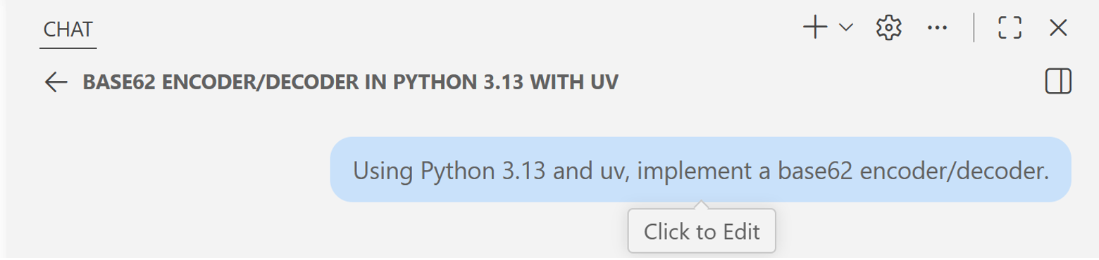 Editing a previous chat message in VS Code to update the original prompt