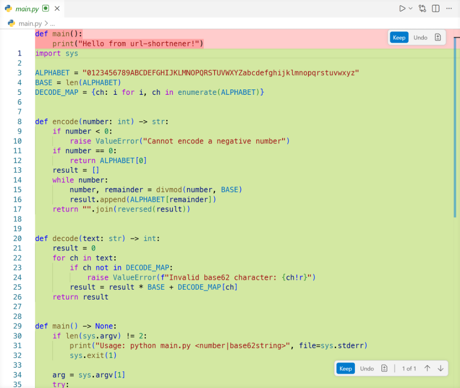 Per-change controls showing Keep and Undo actions for individual edits in the diff view