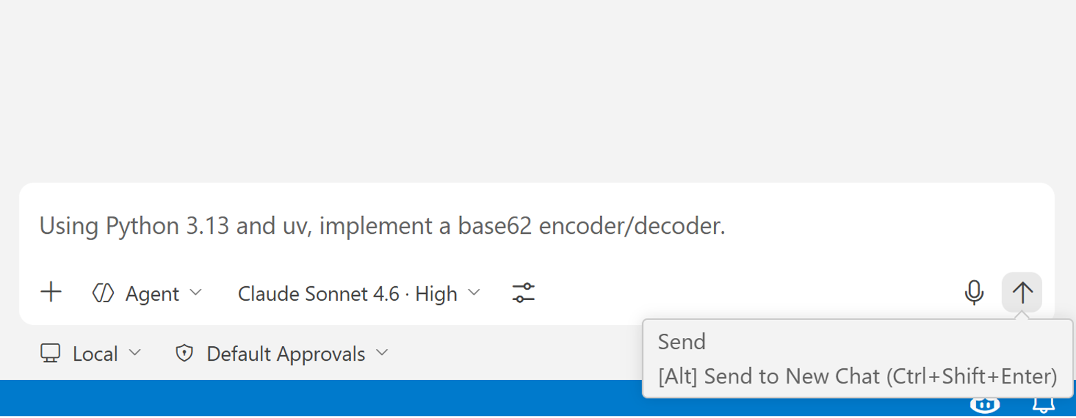 Prompt example in VS Code chat showing a request to implement a base62 encoder/decoder with Python 3.13 and uv.