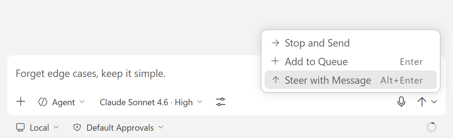 Steer with Message option in the VS Code Send button dropdown while an agent is running