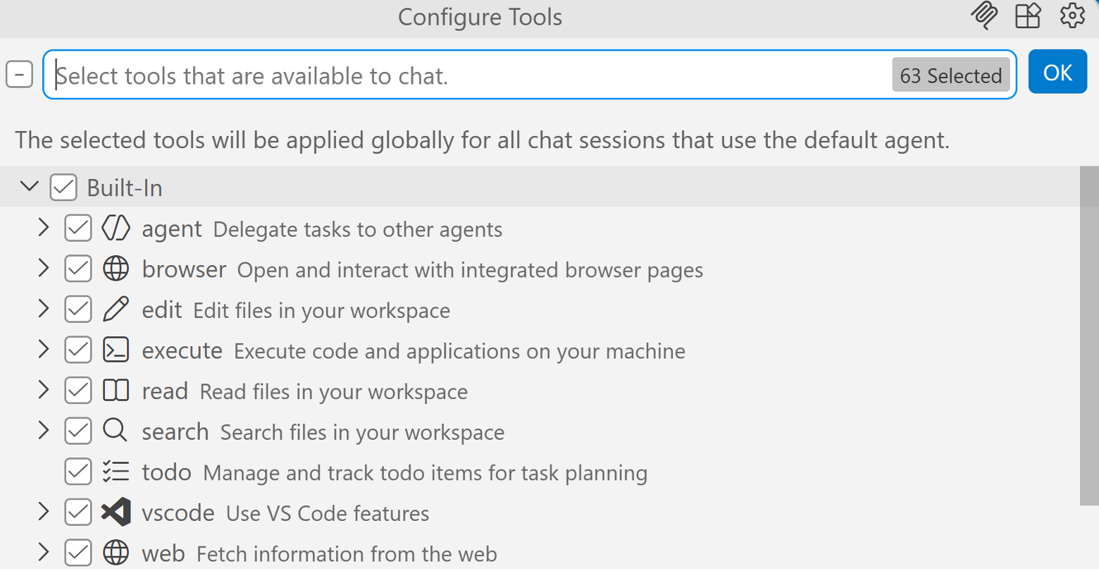 Tools picker in VS Code chat showing available agent tools that can be enabled for a session.