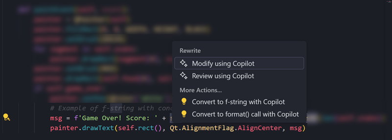 Screenshot showing the convert strings Code Actions, powered by AI.