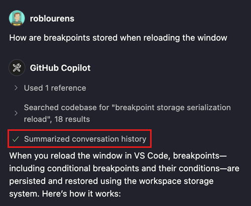 Screenshot showing a summarized conversation message in the Chat view.