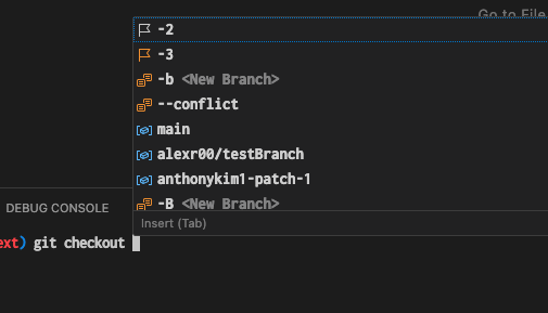 Screenshot showing the terminal suggest boosts main and master compared to other branch suggestions.