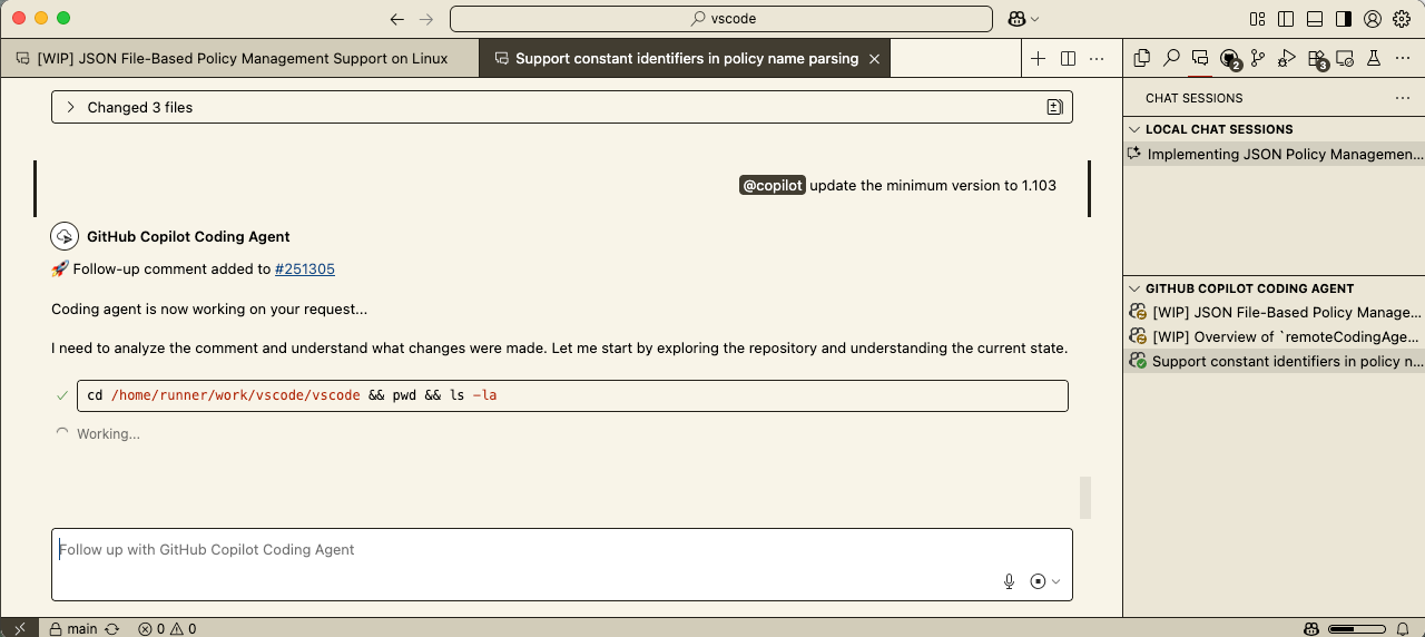 Screenshot showing providing a followup in chat to coding agent.