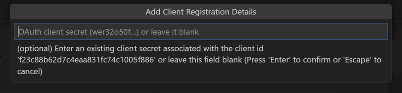 Screenshot of an input box to provide the optional client secret for the MCP server.