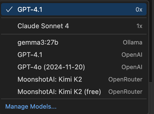 Screenshot of the model picker showing various models from providers such as Copilot and OpenRouter