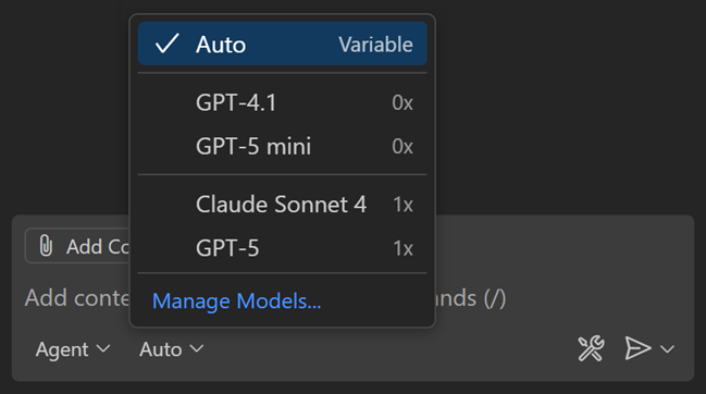 Screenshot that shows the model picker in the Chat view, showing the Auto option.
