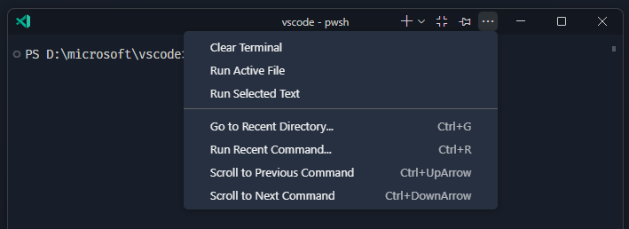 Screenshot of different terminal actions in the editor actions menu.