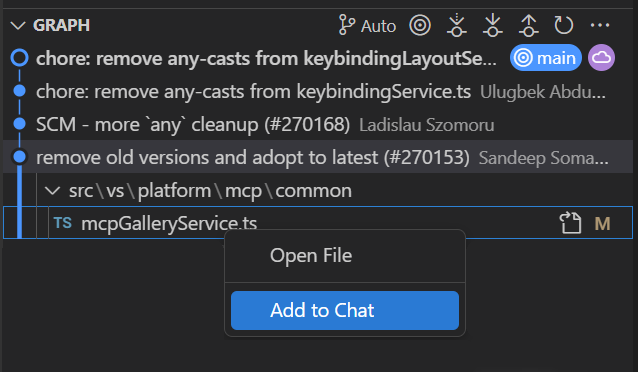 Screenshot of the Source Control Graph view showing the context menu for a file in a history item with the Add to Chat option highlighted.