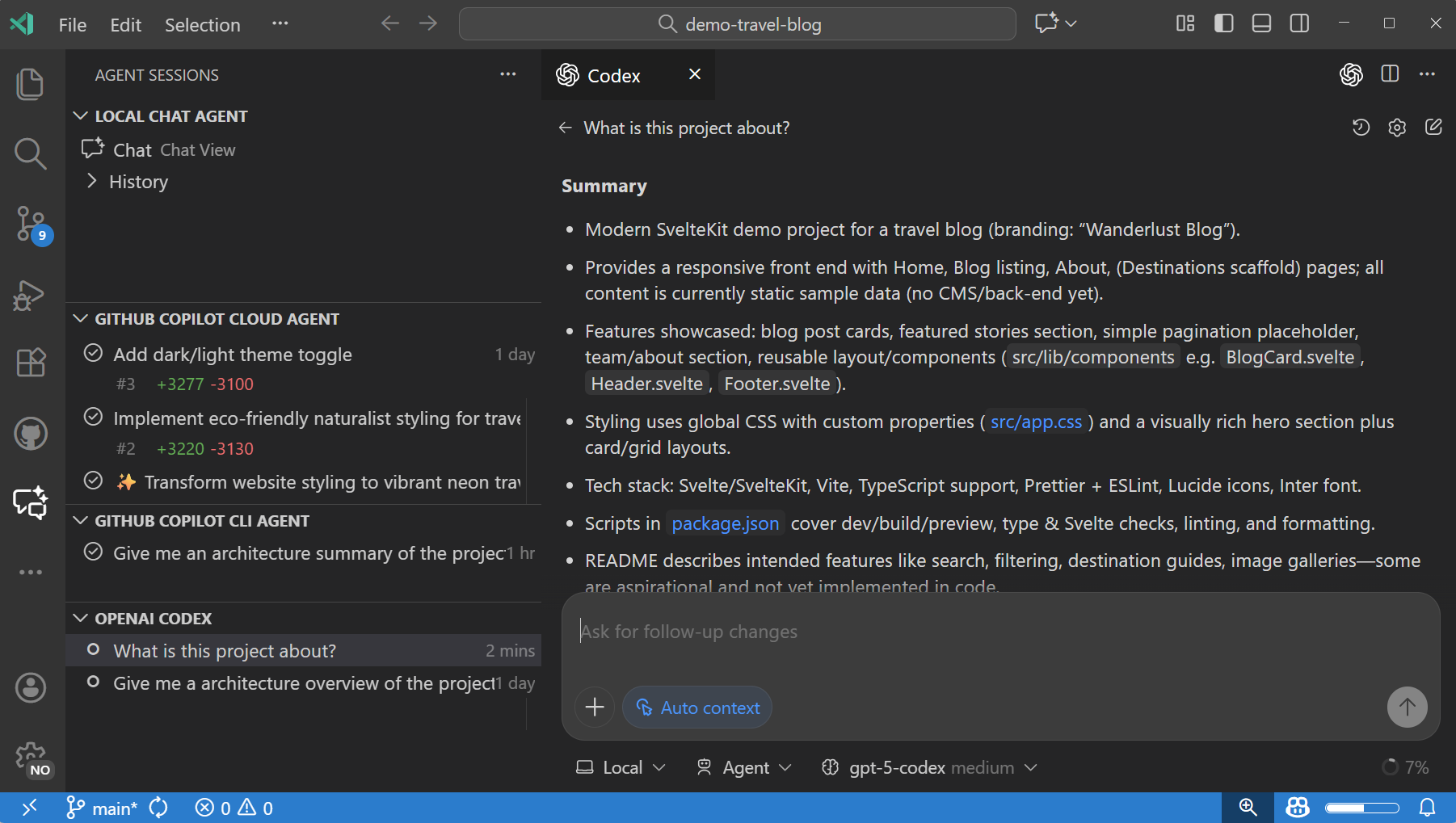 Screenshot of the Agent Sessions view showing an OpenAI Codex session.
