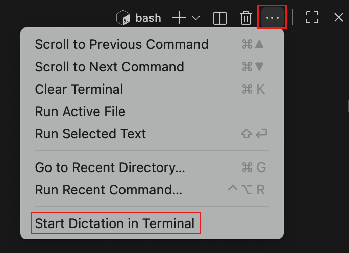 Screenshot of the terminal overflow menu with a Start Dictation option.