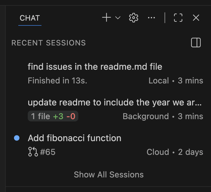 Screenshot showing the recent sessions in the Chat view.