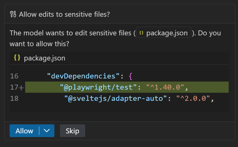 Screenshot showing a diff of proposed changes to  in chat.