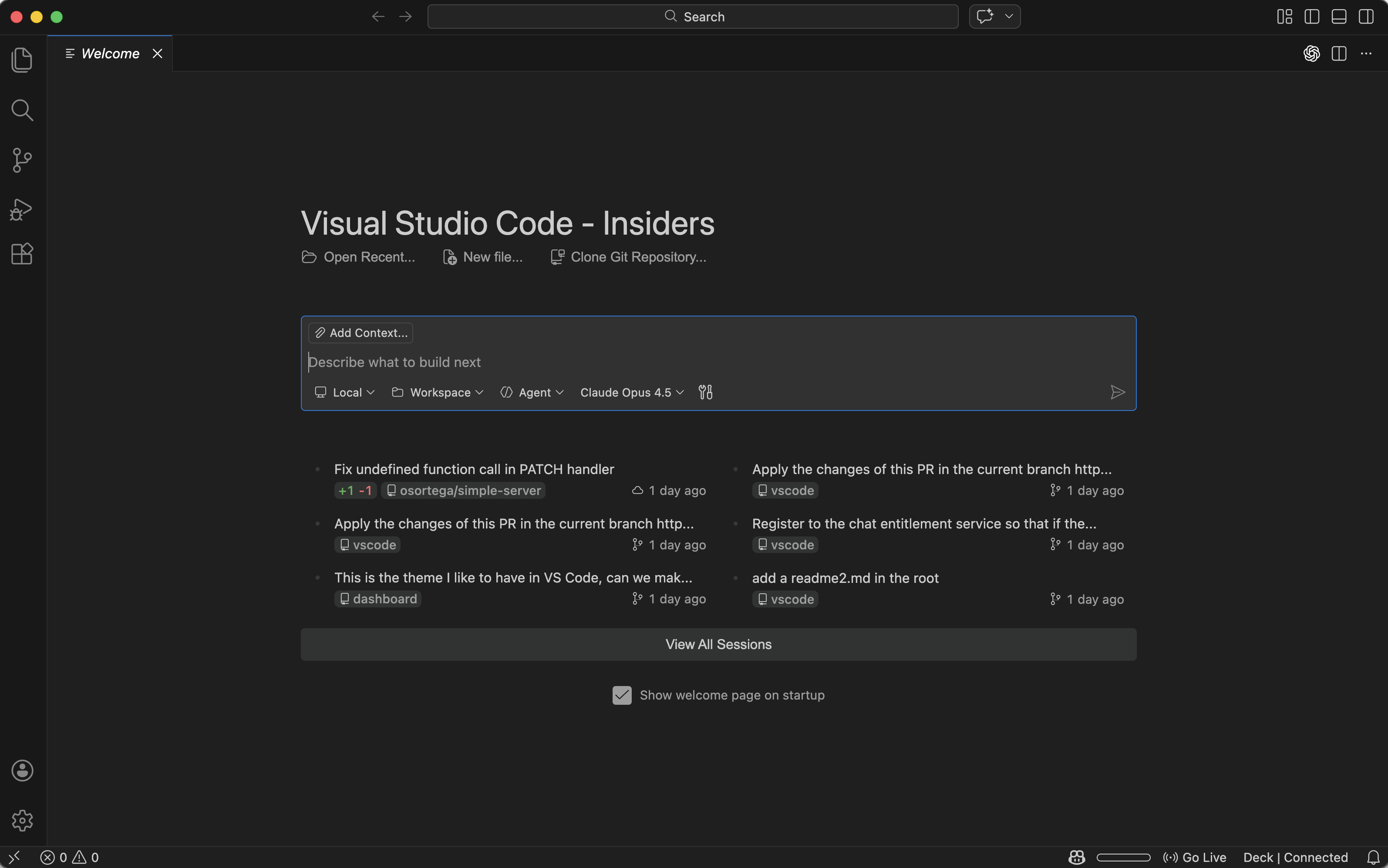 Screenshot showing the Agent Sessions Welcome Page with recent sessions, quick actions, and an embedded chat widget.