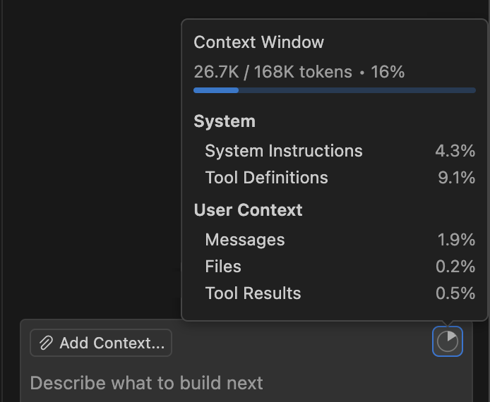 Screenshot showing the context window control and the hover message showing a breakdown per category.