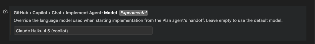 Screenshot showing the Settings editor with the github.copilot.chat.implementAgent.model setting.