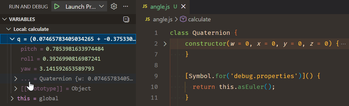 Screenshot showing custom debug properties displayed in the debugger.