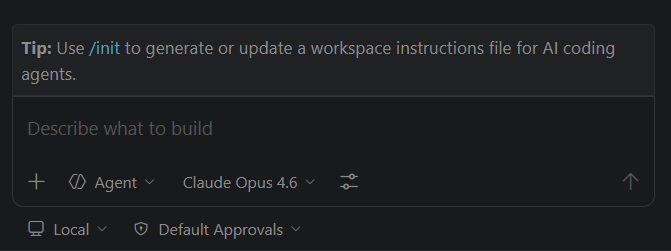 Screenshot of the redesigned chat tips experience, showing a tip for using the init command.