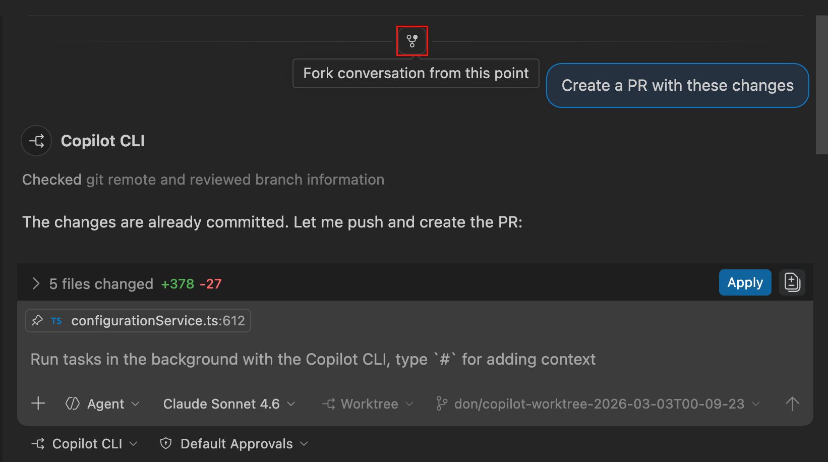 Screenshot showing forking of a Copilot CLI session.