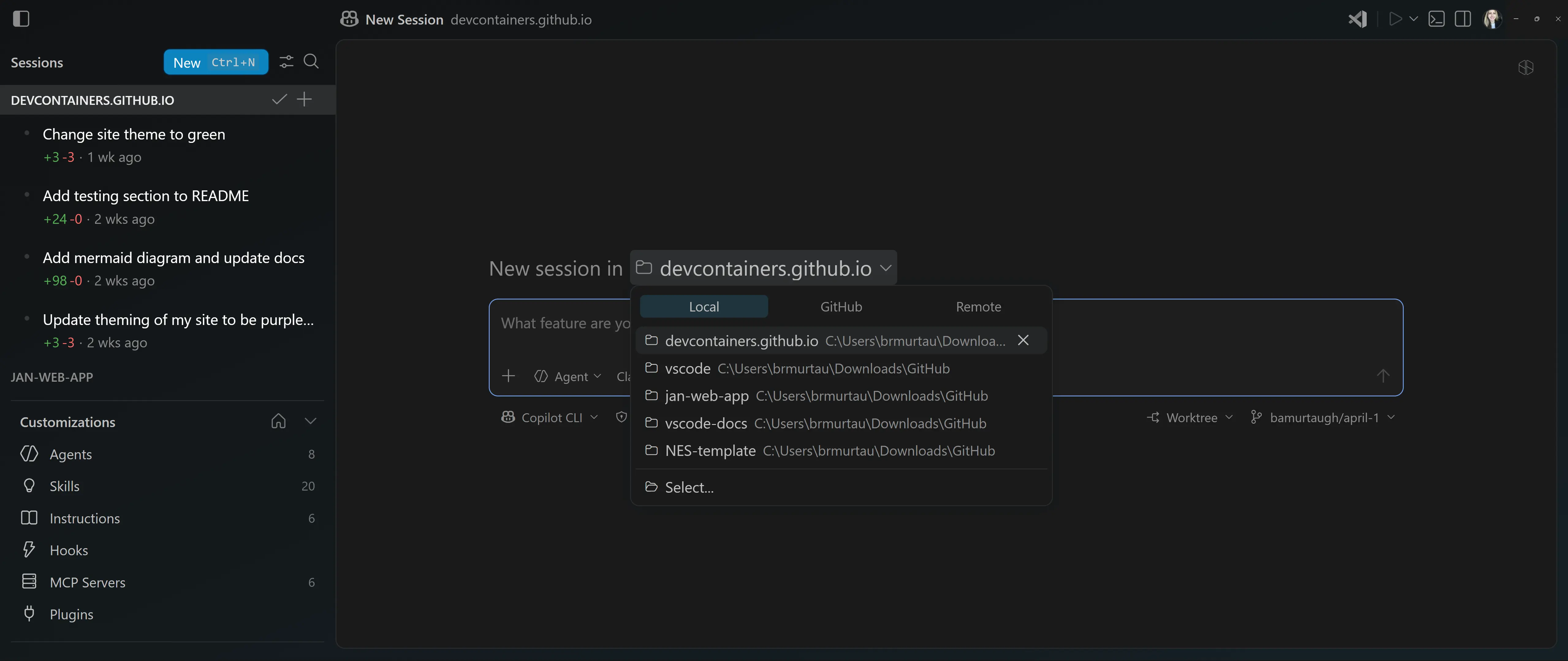 Screenshot of the redesigned repo picker in VS Code Agents.