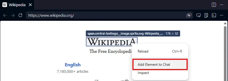 Screenshot showing a context menu opened on an element with an Add Element to Chat item.