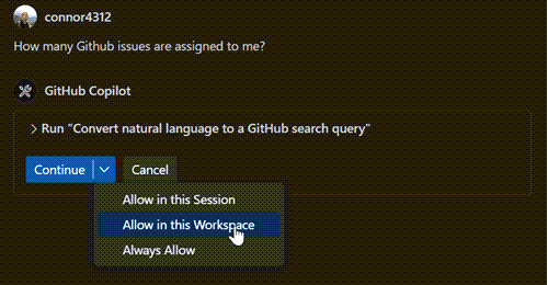Screenshot that shows the agent mode tool Continue button dropdown options for remembering approval.