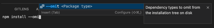 Screenshot of the terminal showing a command in progress: npm install --omit. The terminal suggest widget displays to indicate that's the option that's expected.